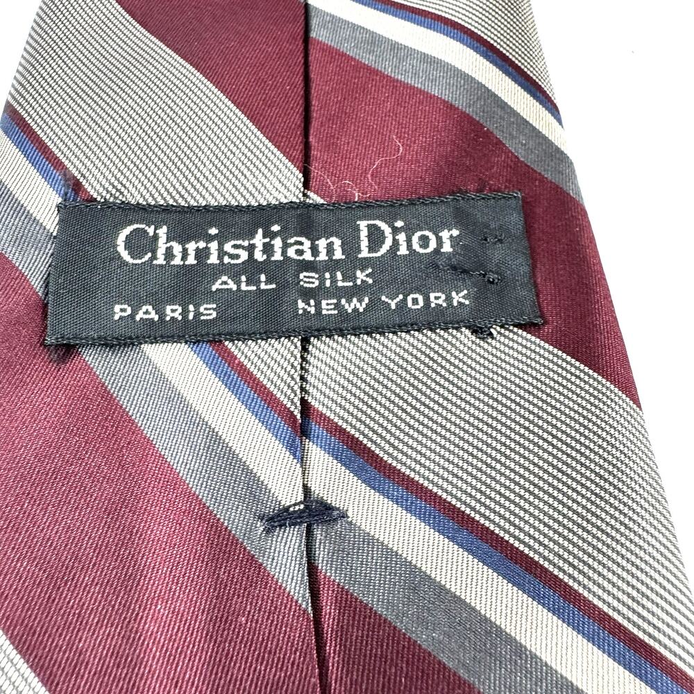 Christian Dior Mens Silk Necktie Burgundy Silver‎ Navy Blue Diagonal Striped Tie - Picture 2 of 4